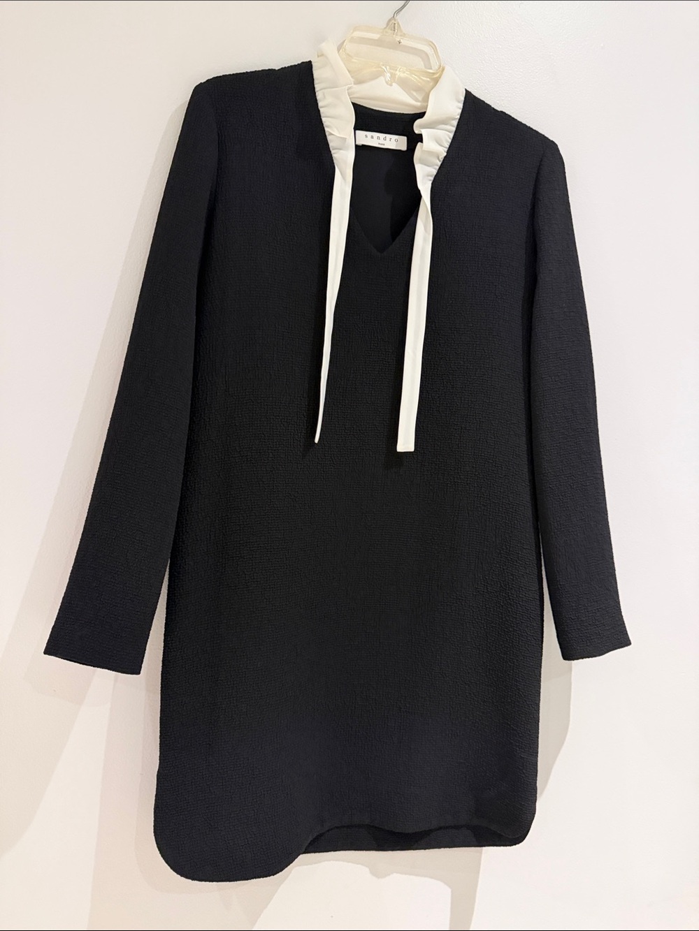 Sandro Black Long-Sleeve Shift Dress with Cream Ruffle Tie Collar
